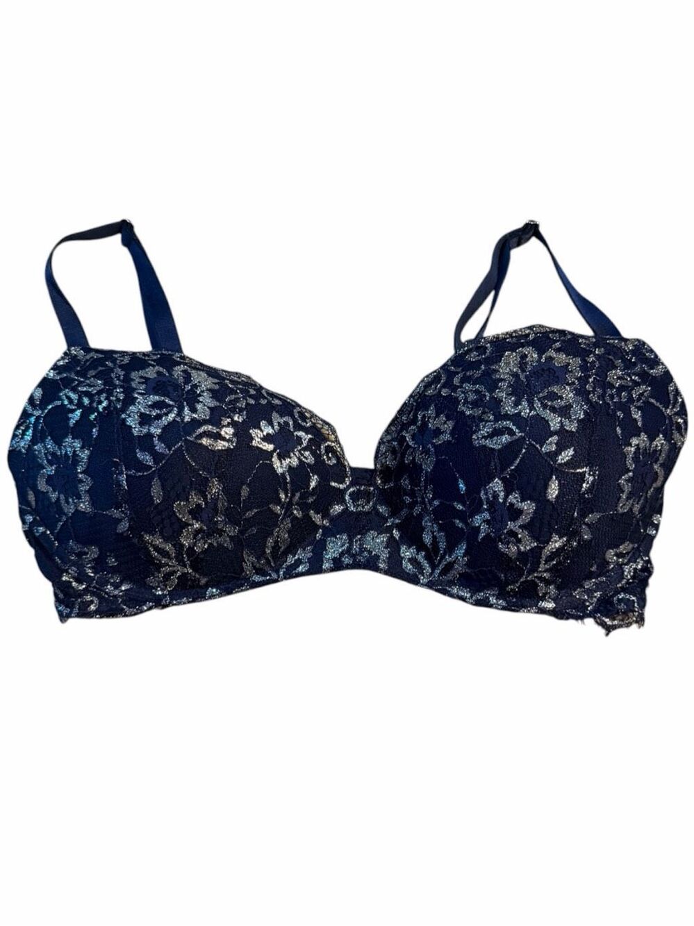 VICTORIA’S SECRET Dream Angels Padded No-Wire Navy Metallic Floral Lace Bra 32DD